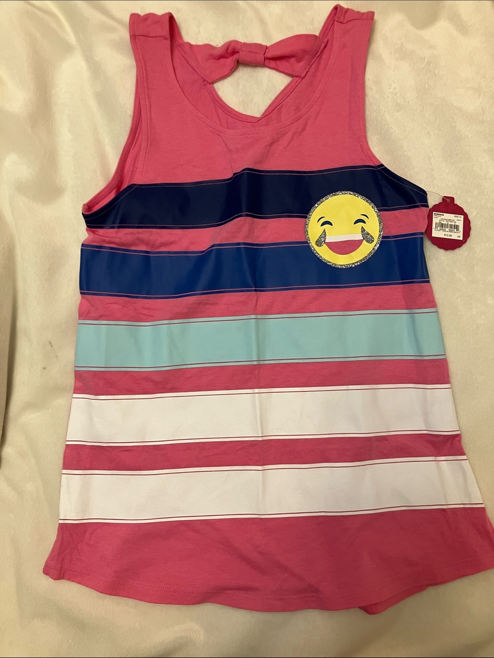 NWT SO Pink Striped Girls Tank with Emoji Patch Flare bottom Girls 14 24” long